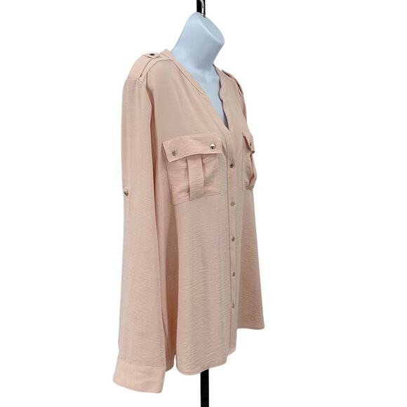 Calvin Klein Shirt WMNS XL Blush Pink Textured Roll Tab Sleeve Button Up Blouse - Picture 3 of 7